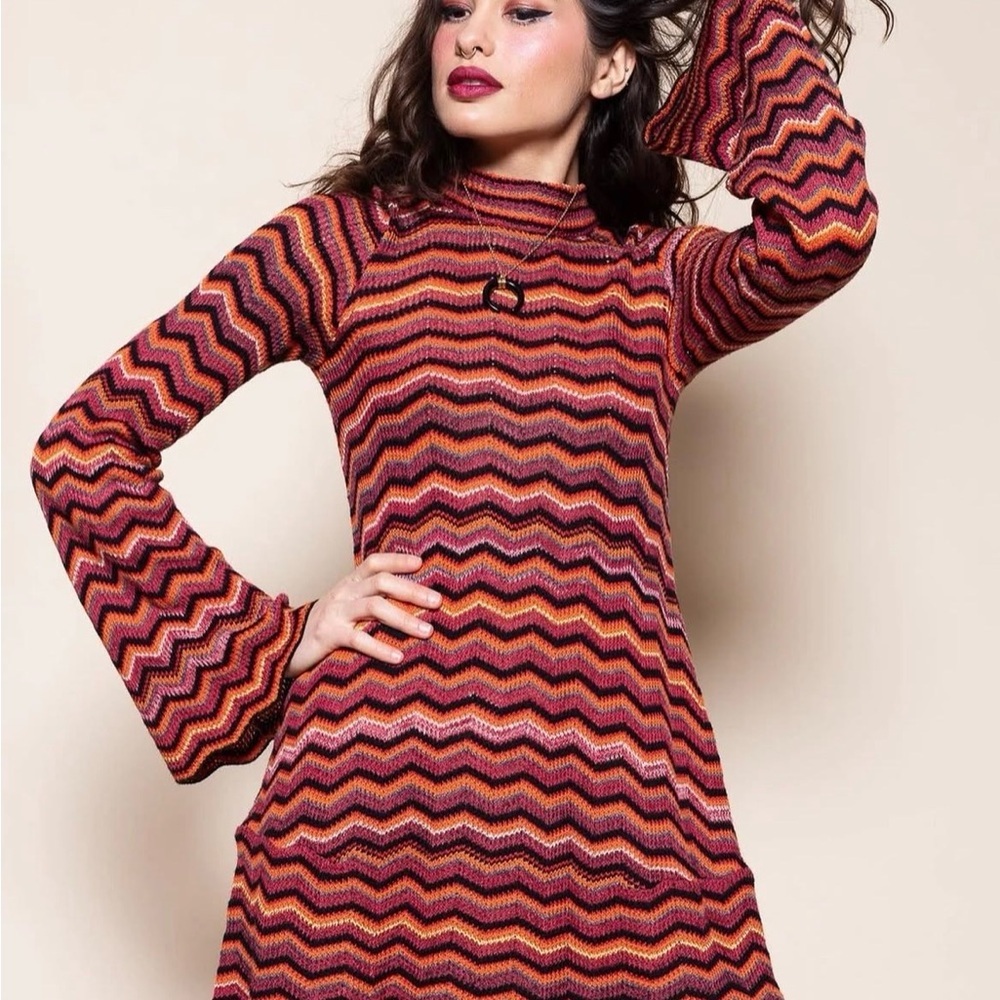 Free People Ziggy Zig Zag Tunic Style Mockneck Mini Dress Orange and Black Small